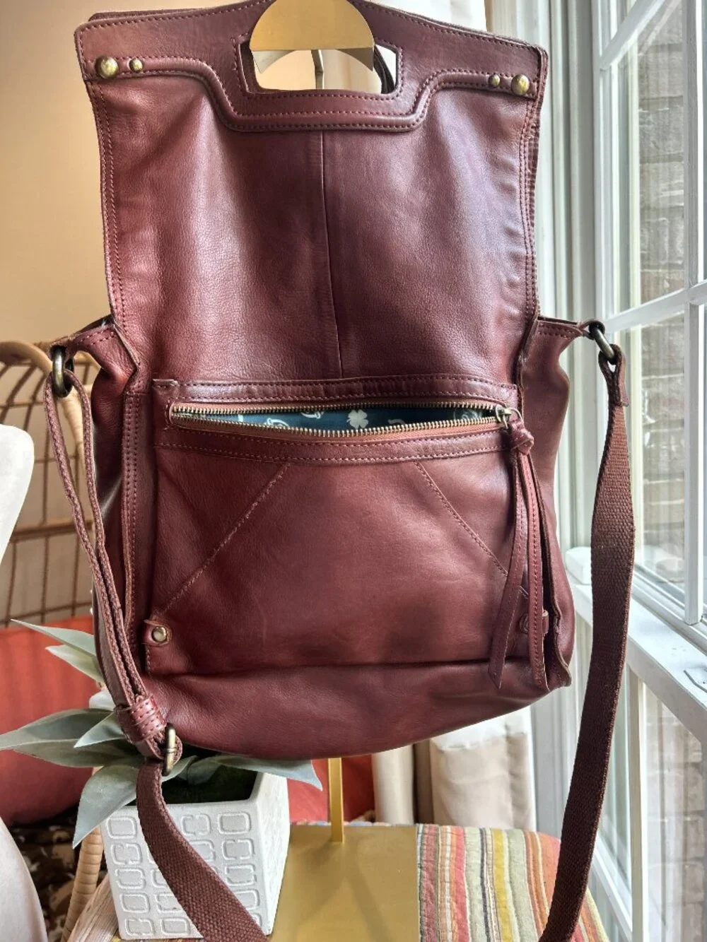 Lucky Brand Brown Leather Studded Foldover Shoulder Bag | Y2K Boho Rock Chic